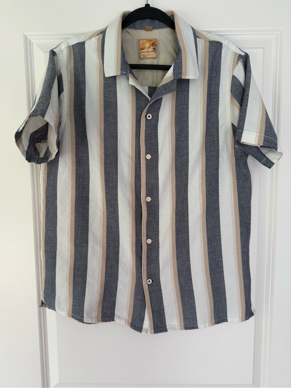 Point Zero Men's Short Sleeve Vertical Stripe Button-Down - White, Navy & Tan